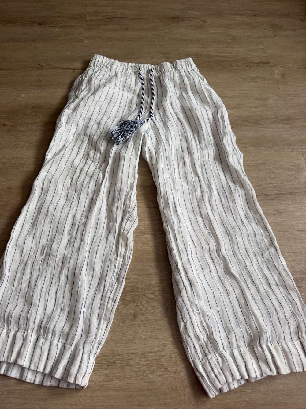 C & C California Linen Wide Pants White Blue Stripes Beach Cover Up Resort SZ S